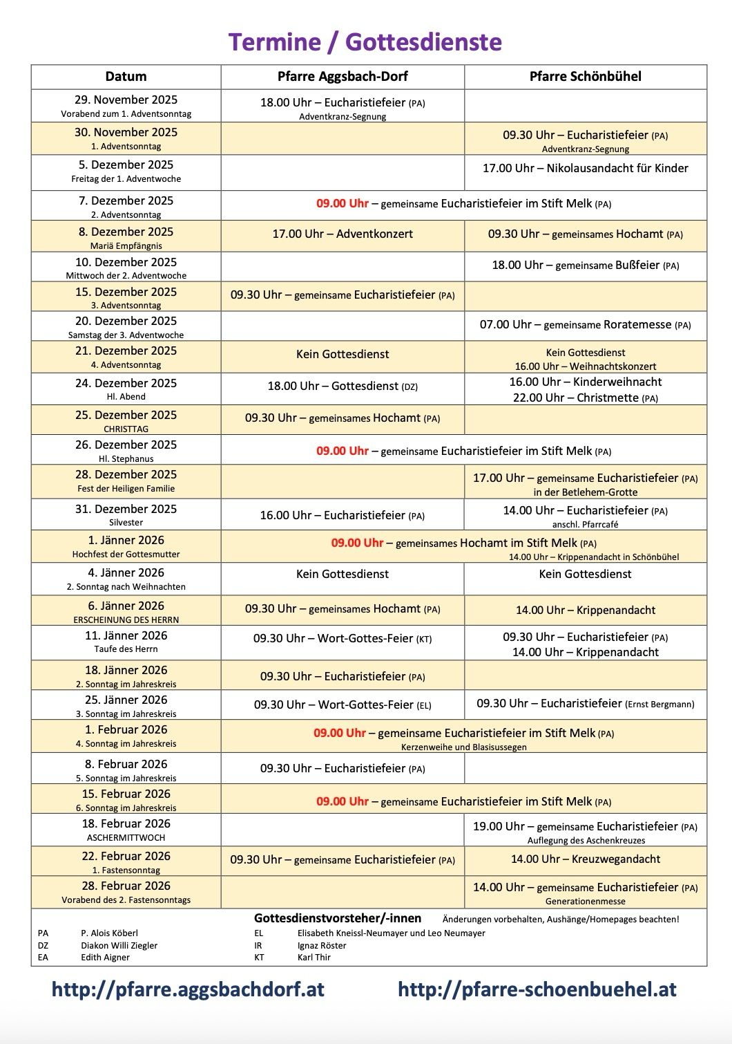 Pfarrtermine Weihnachten
